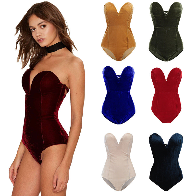 Gold velvet sexy tube top opensuit