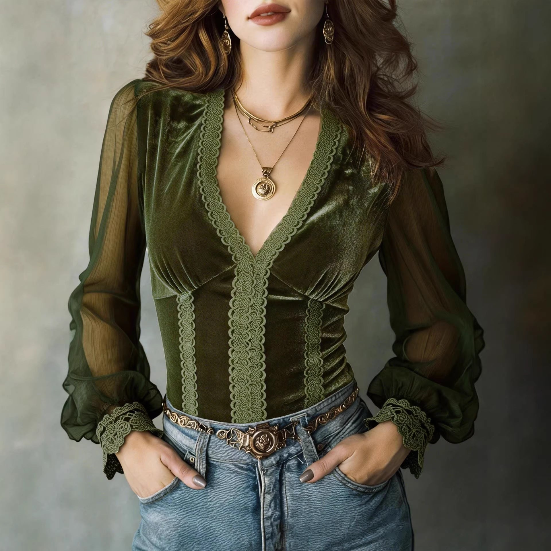 Elegant Velvet & Lace Patchwork French‑Style Top – Long Sleeve