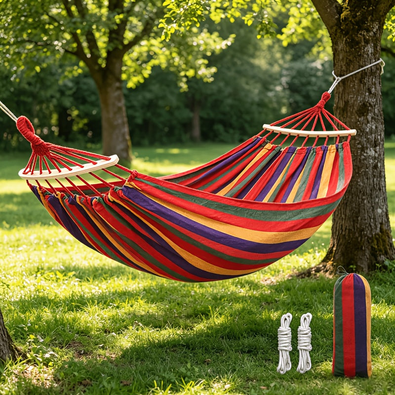1pc Patio/Outdoor Hammock with Support Poles, Solid-Colored Fabric Hammock with Anti-Tip Design, Sturdy and Durable with Tie-Down Ropes - Ideal for Relaxing in the Patio, Outdoors, Indoors, and Camping, Outdoor Hammock, Single Person Hammock Chair