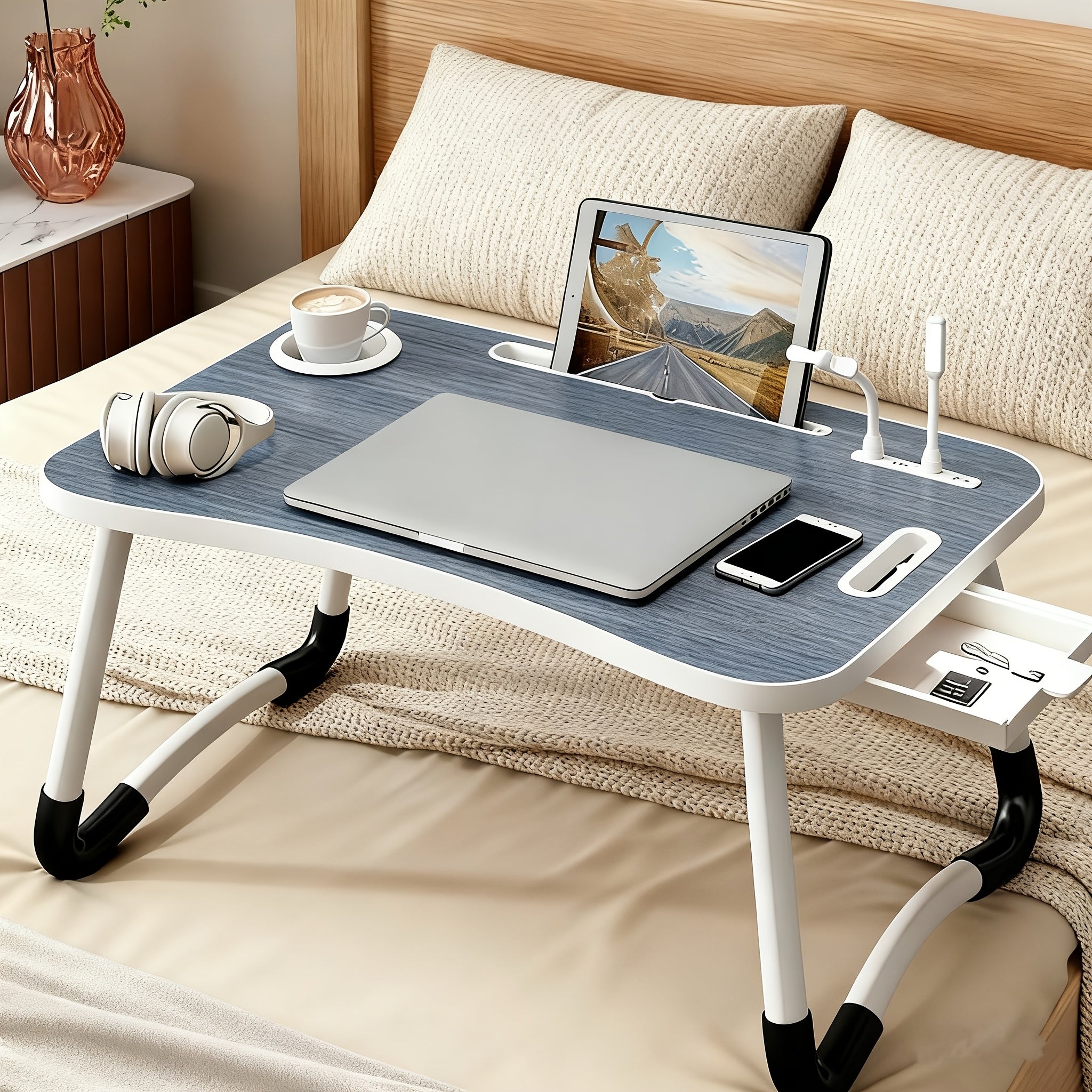 Multifunctional Leg Rest Table With Cup Holder And Drawer, USB, Fan, Light - Portable Foldable Tray For Laptop, Breakfast In Bed, Reading And Writing On Sofa/Couch, Laptop Desk On Bed, School Supplies