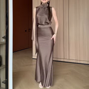 Womens Solid-colored Waist-cinching Dress