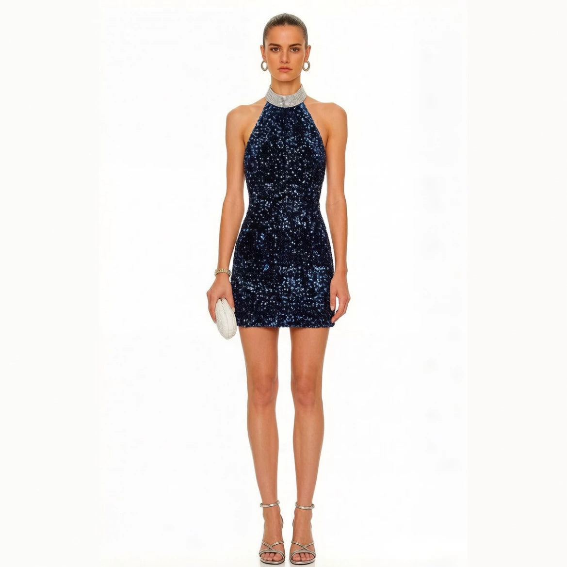 European and American Style Sexy Halter Neck Figure-hugging Colorful Sequined Mini Dress