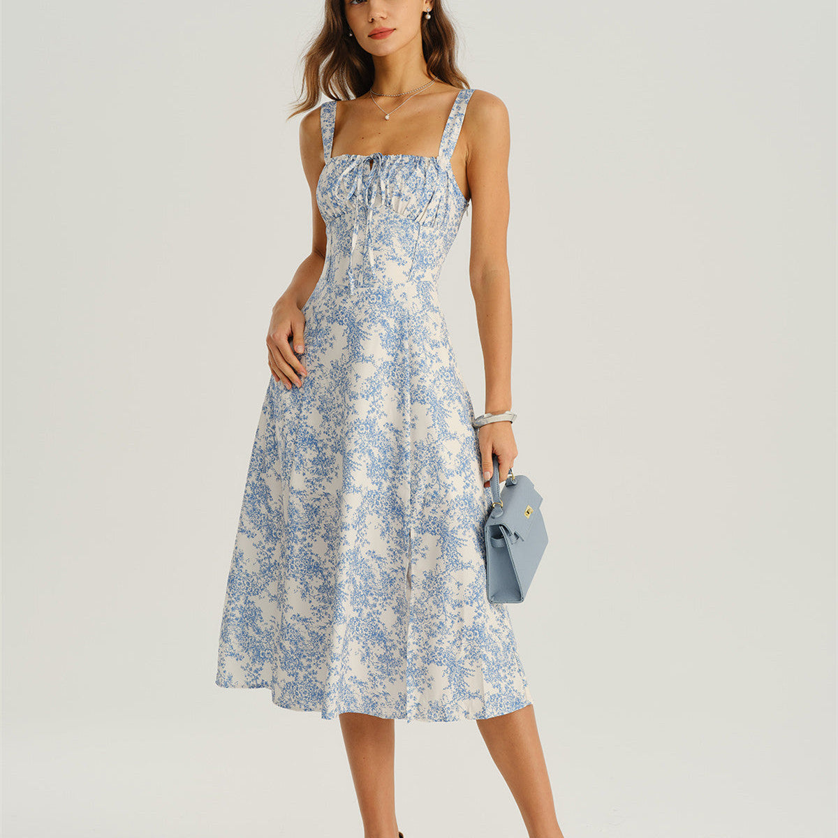 Womens French-style Square-neck Vintage-print Sweet Lace-up Strap Dress