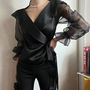 Womens V-neck Panelled Puff-Sleeve Bow-Tie-Neck Blouse