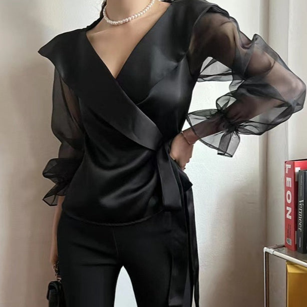 Womens V-neck Panelled Puff-Sleeve Bow-Tie-Neck Blouse