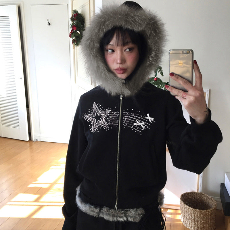 Retro Fur Collar Zip Sweater Cardigan