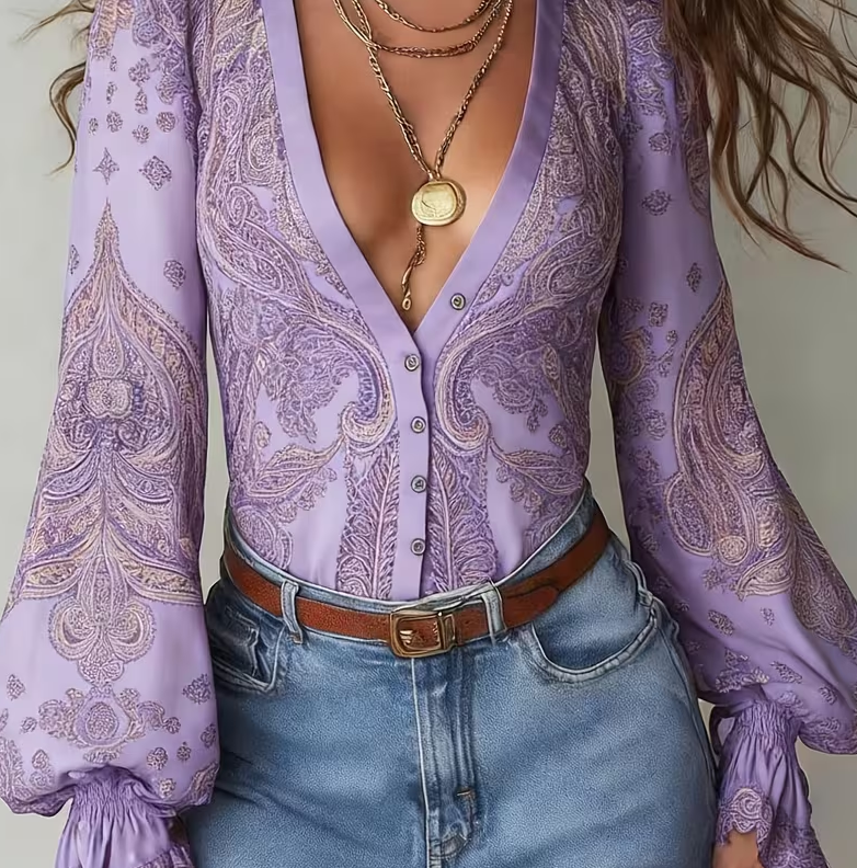 Retro Paisley V-Neck Puff Sleeve Slim Fit Blouse
