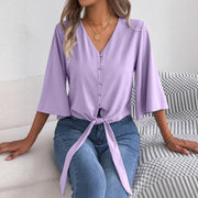 Casual V-Neck Buttoned Three-Quarter Sleeve Top Womens Clothing