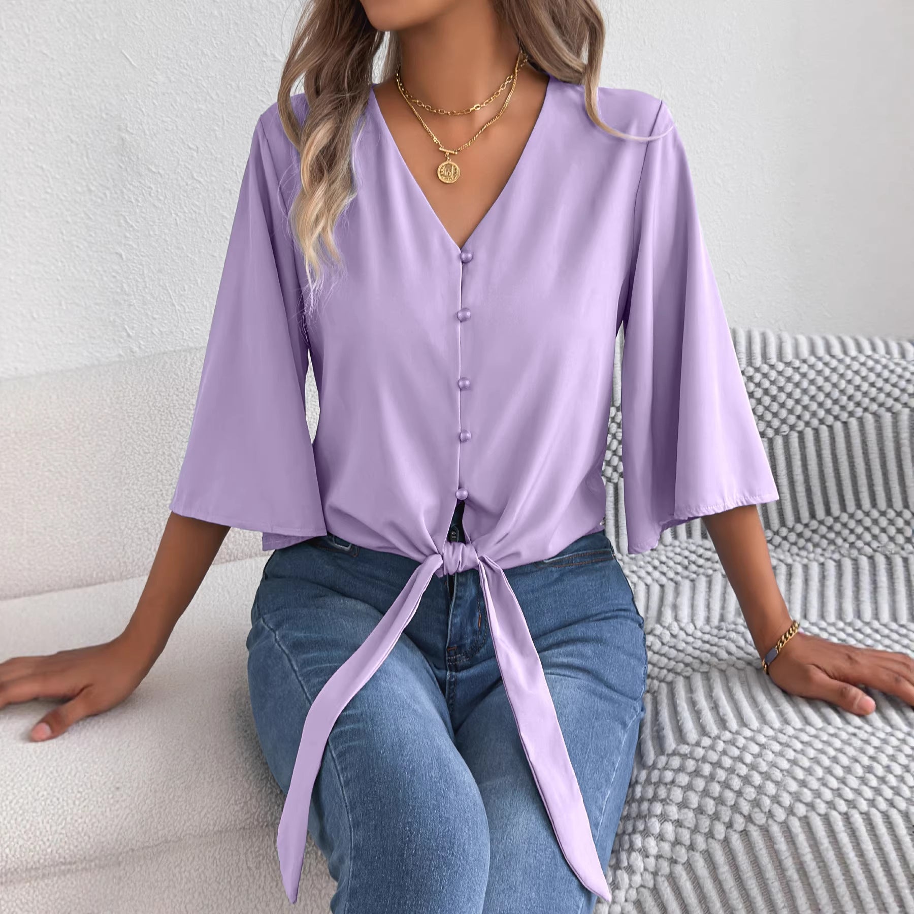 Casual V-Neck Buttoned Three-Quarter Sleeve Top Womens Clothing