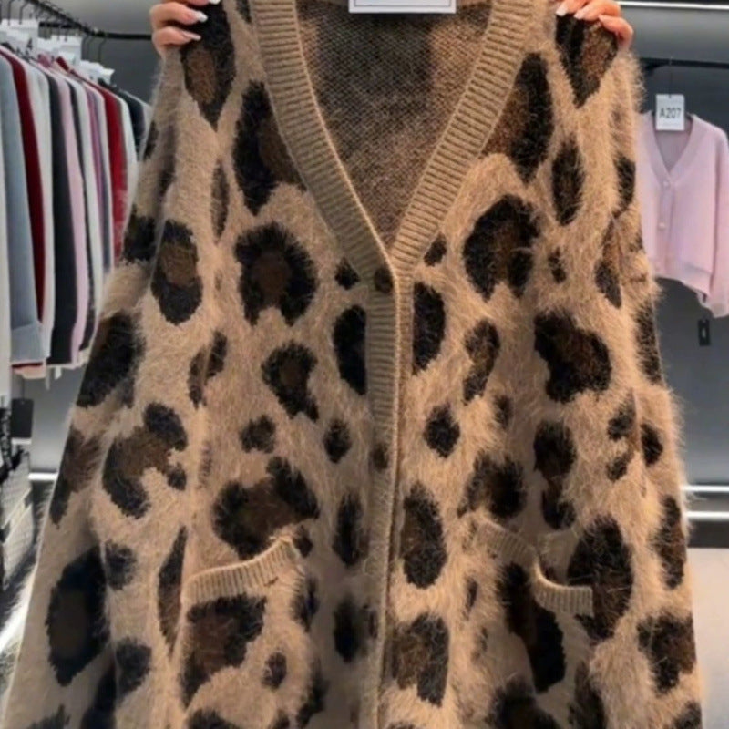 Leopard Print Thick Warm Coat Loose Lazy Knitted Cardigan Sweater