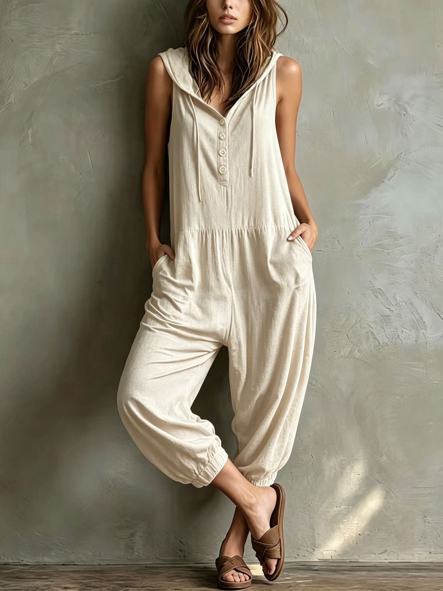 Casual Sleeveless Hooded Jumpsuit with Pockets
