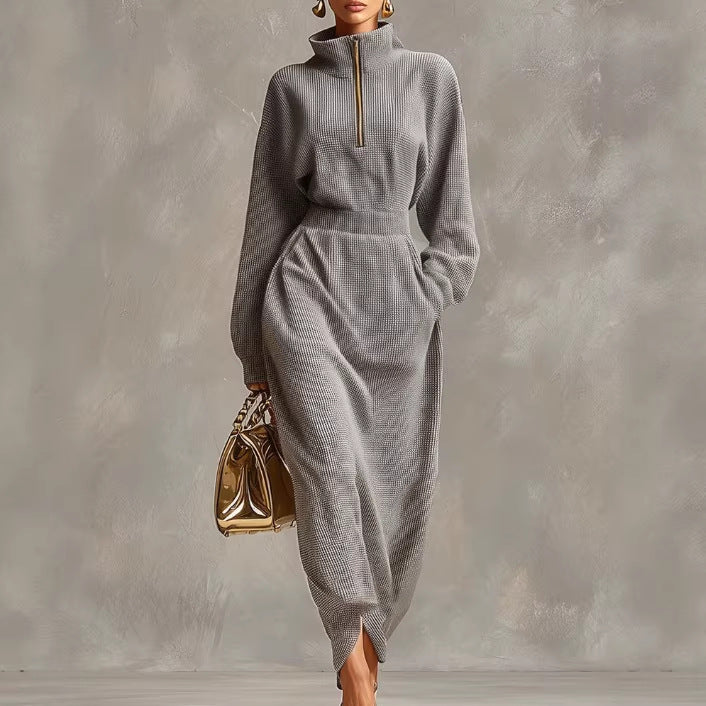 Elegant V-Neck Waffle-Knit Zip Casual Dress