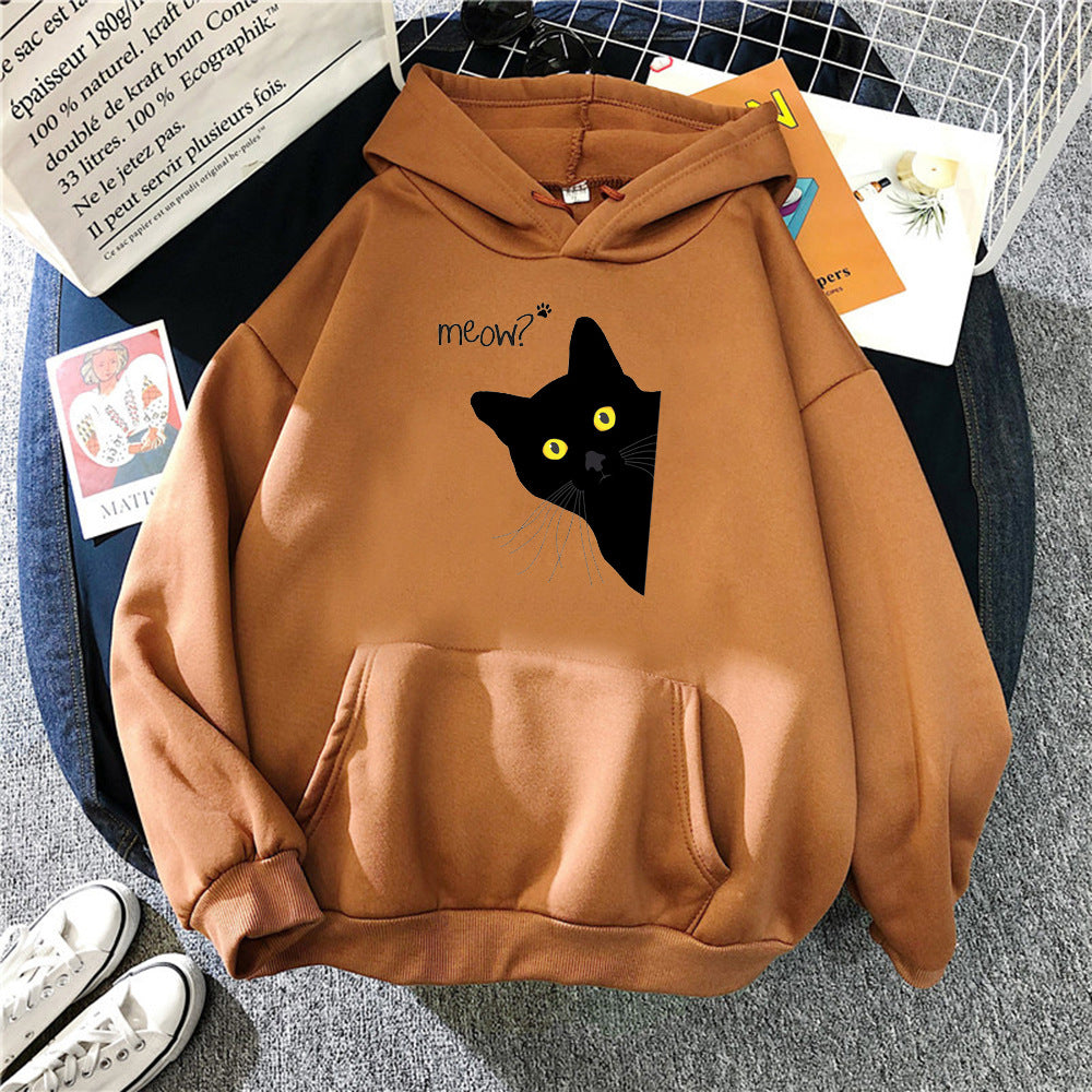 Plus Size Black Cat Fleece Hooded Sweatshirt