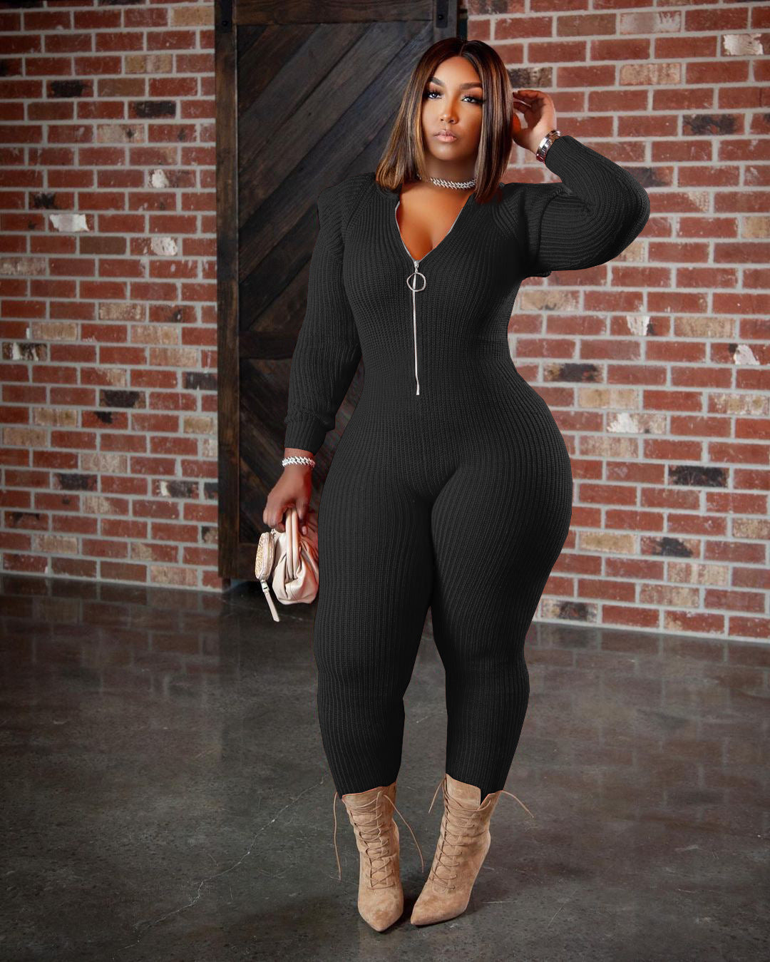 Women's Fall Winter Fashion Knitted Wool Padded Shoulder Hooded Jumpsuit