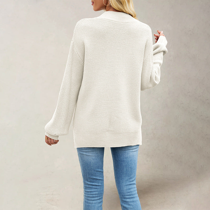 Knitted Solid Color Half Collar Loose Pullover New Sweater
