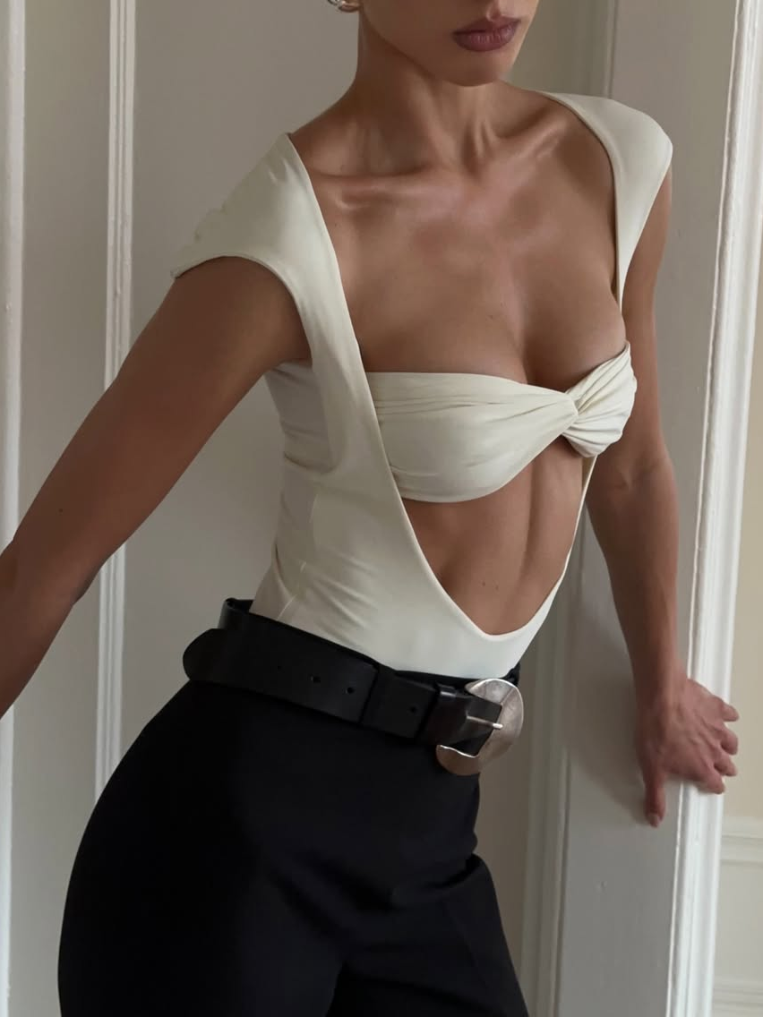 White Cutout Twisted Bust Bodysuit