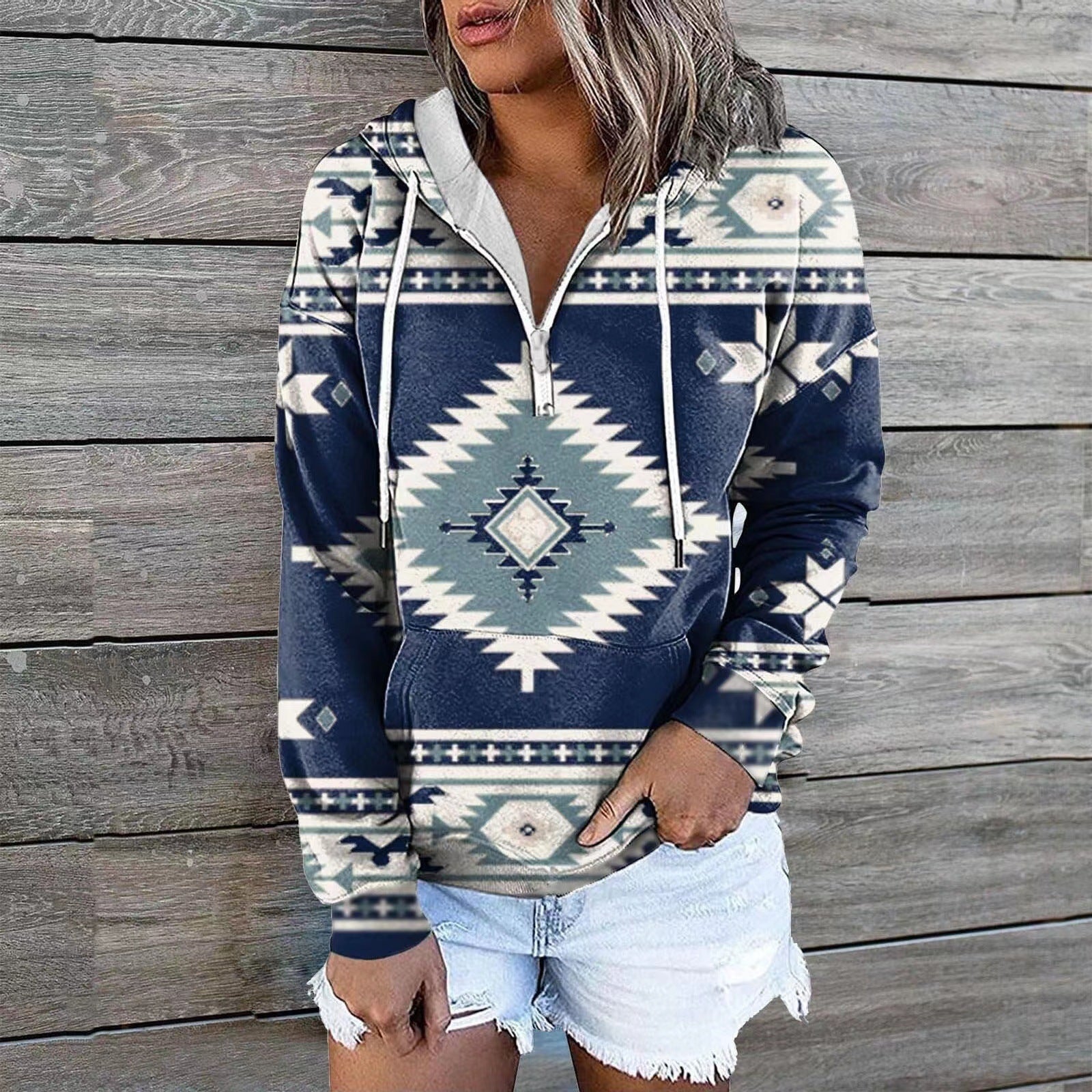 Ethnic Tribal Geometric Print Zip Hoodie