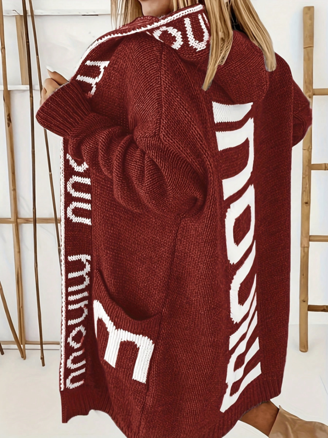 Women Loose Mid-length Hooded Knit Cardigan, Contrast Letter Jacquard Pockets Lazy Style Thick Sweater Coat for Fall Winter