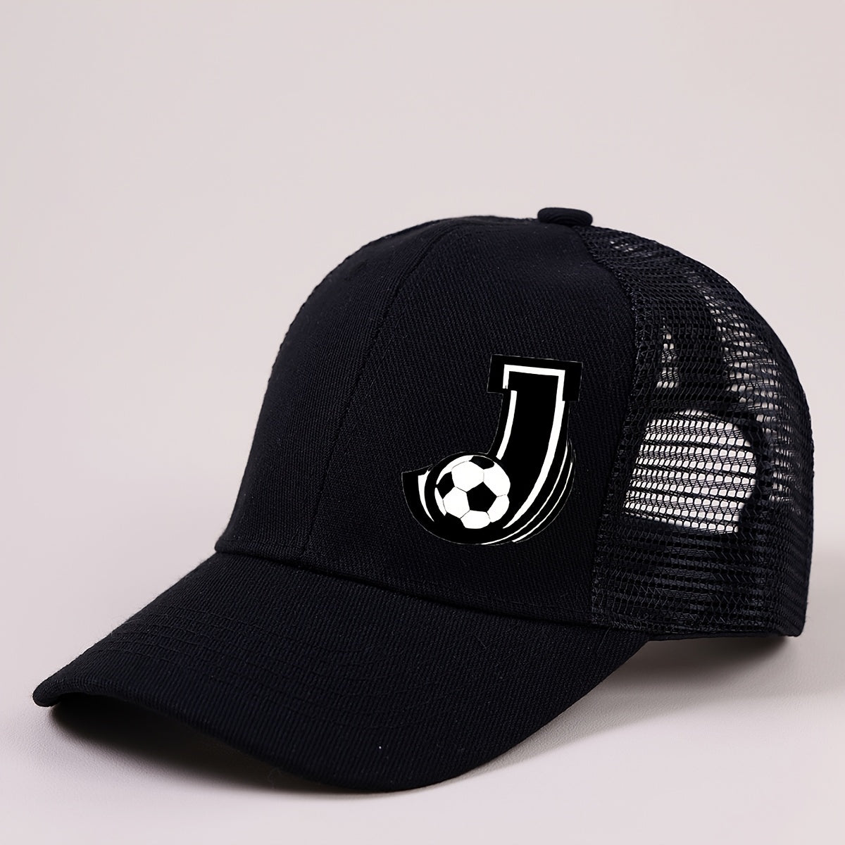Boys Mesh Baseball Cap with A‑Z Letter and Soccer Ball Print, Unisex Sunvisor, Black