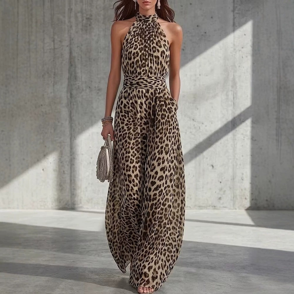 Leopard Print Halter Sleeveless Casual Jumpsuit