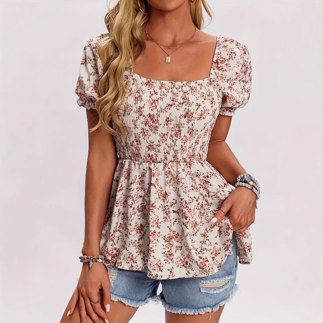 Floral Square-Neck Smocked Blouse – Summer Vacation Tee