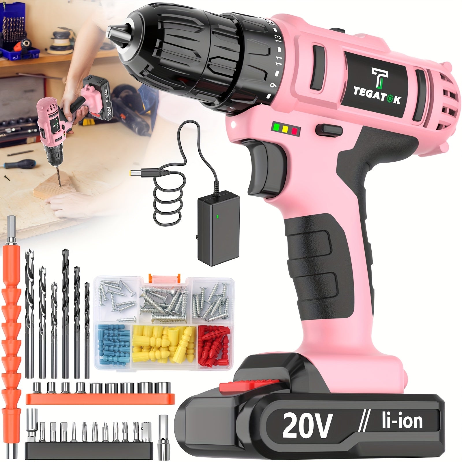 20V Cordless Drill Set, Impact Power Drill with 3/8 Inch Keyless Chuck, 18+3 Clutch Electric Drill with Work Light, Max Torque 45Nm, 2-Variable Speed & 2.0AH Batteries And Fast Charger, Bits Set...
