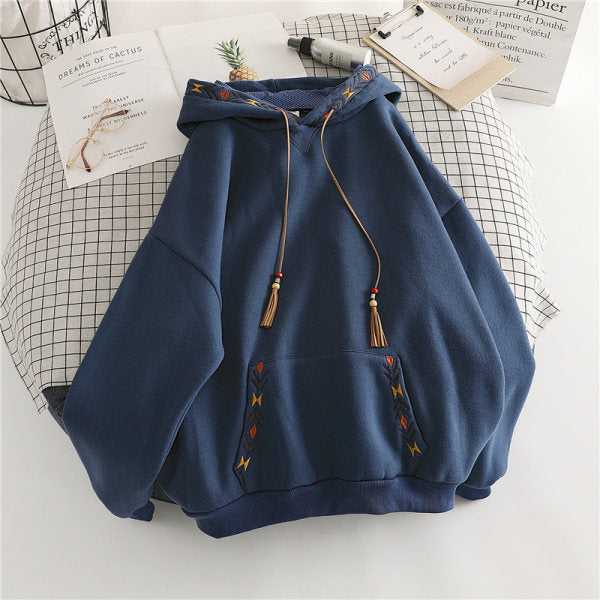 Korean Style Geometric Embroidered Loose Hoodie