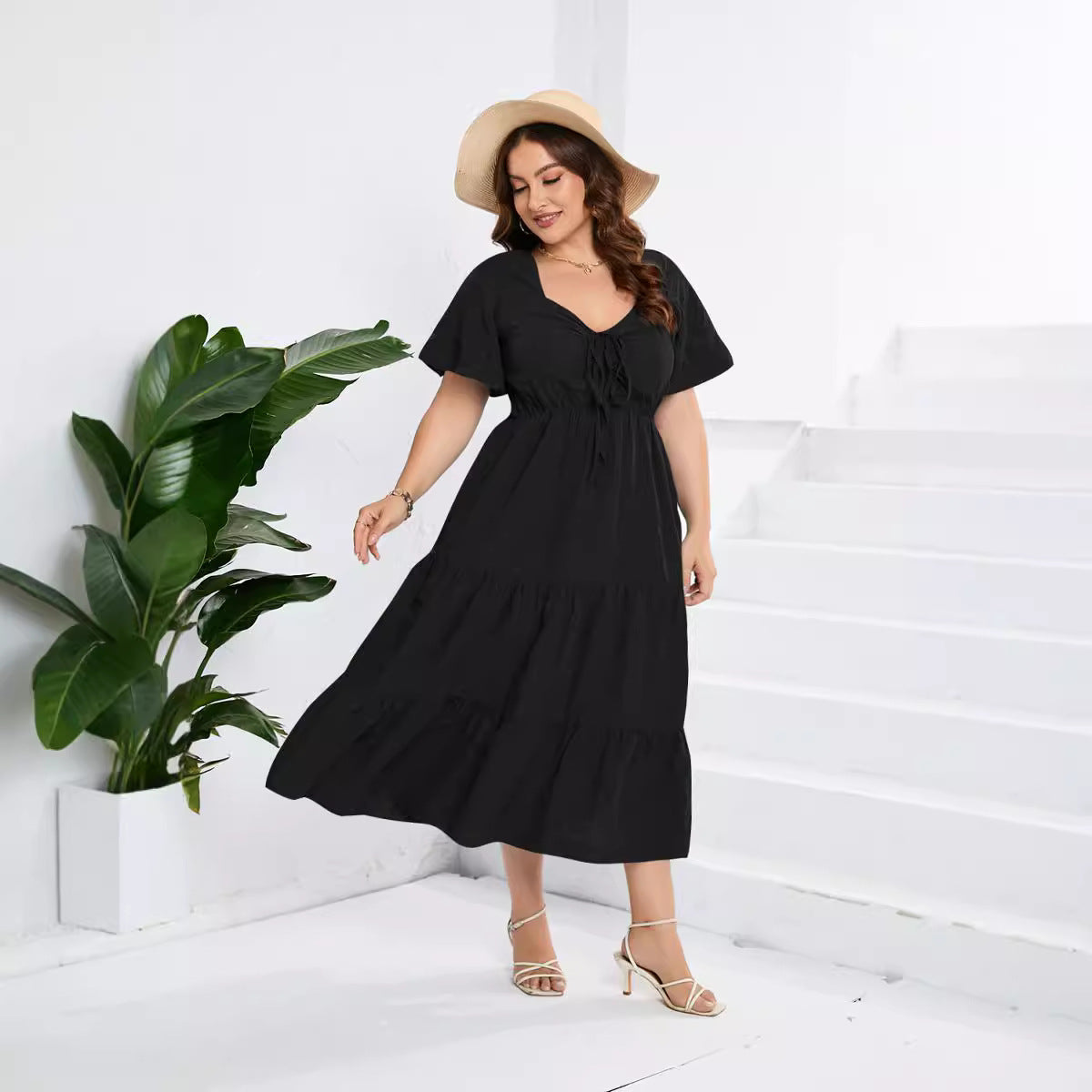Womens Solid-color V-neck High-waisted Dress