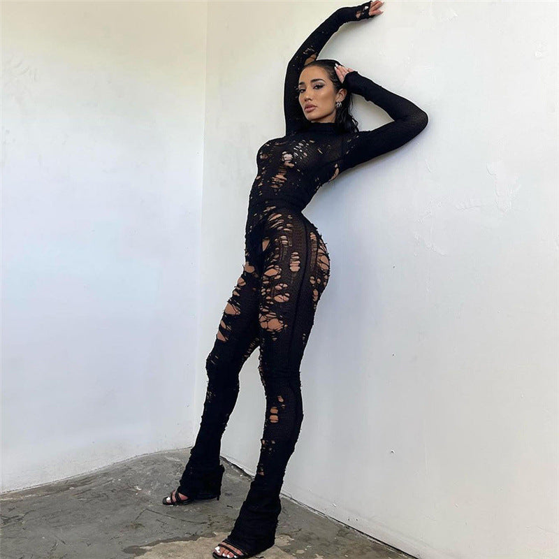 Women's Ripped Hollow-Out High-Waist Knit Jumpsuit