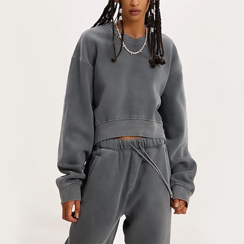Women's V-Neck Long-Sleeve Crop Sweatshirt & Lace-Up Pants Set