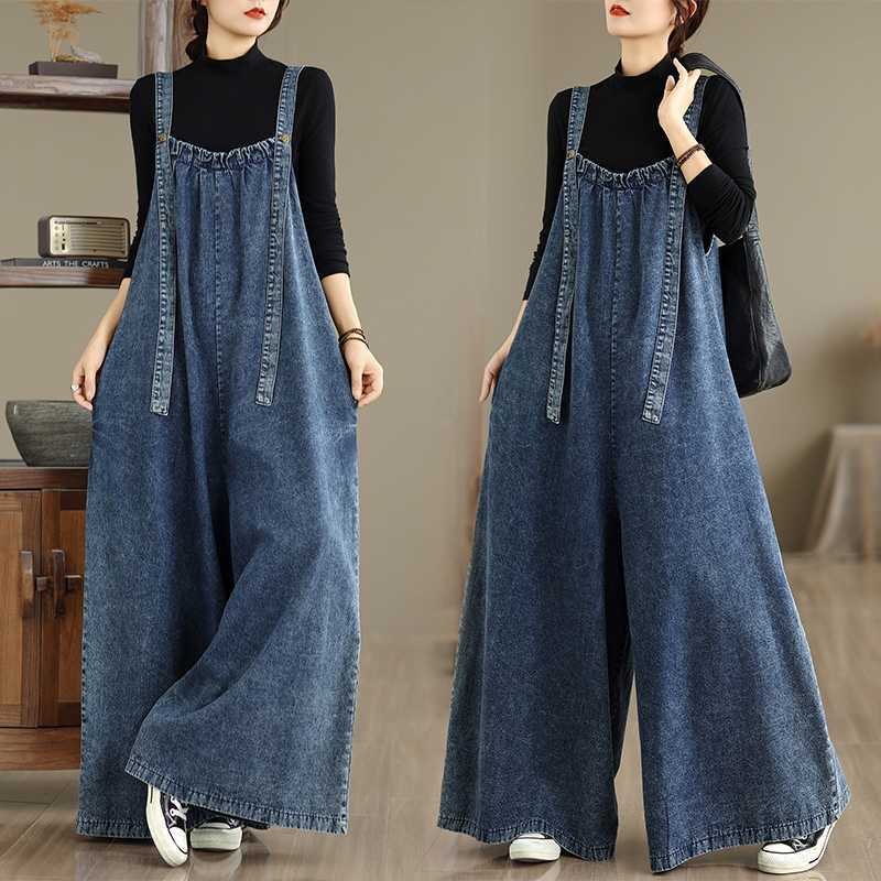 Retro Loose-Fit Denim Overalls Plus-Size Casual Pants