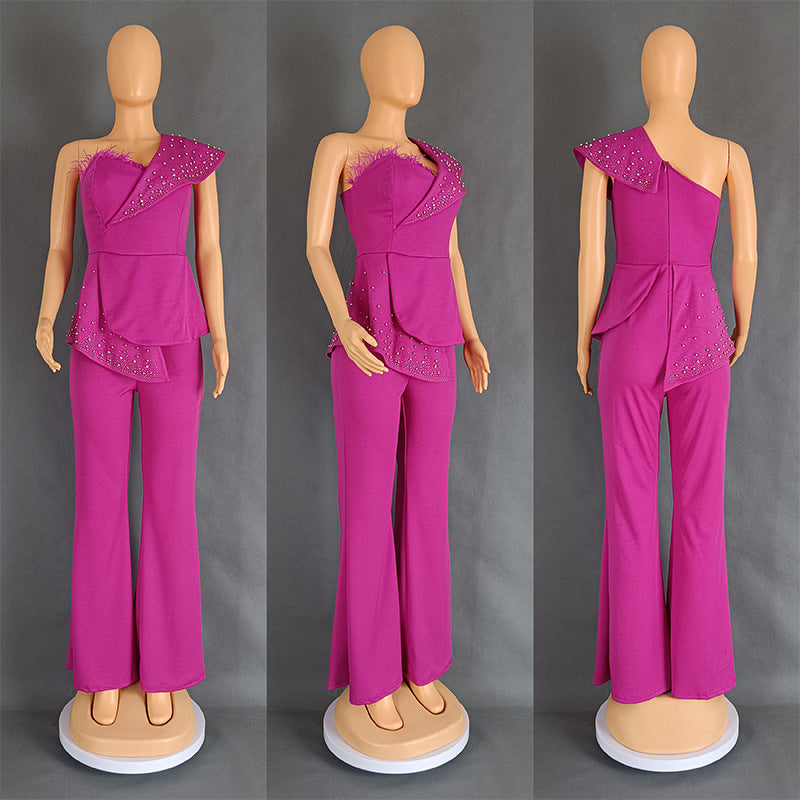 Feather Off-Shoulder High Waist Casual Jumpsuit