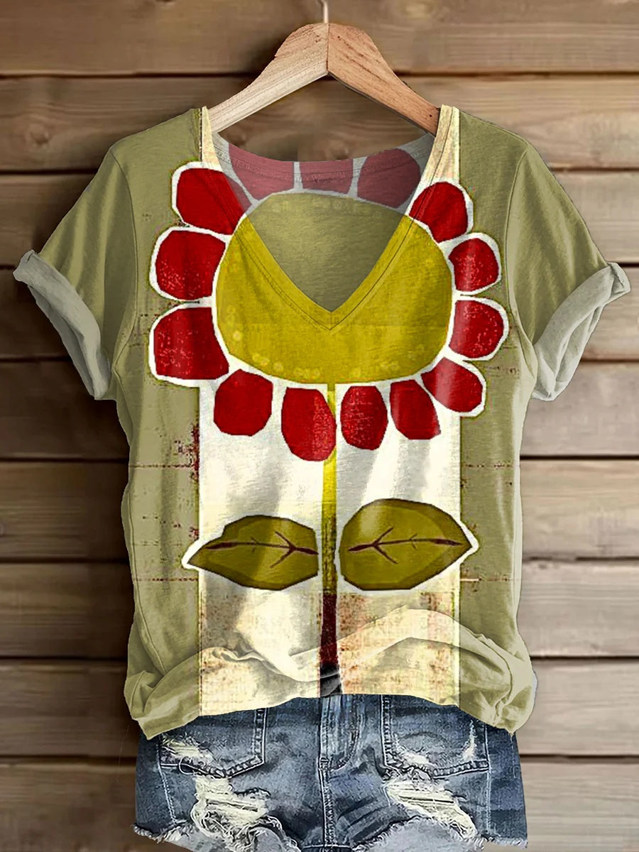 Women's 3D Printed Loose V-Neck Short Sleeve Top