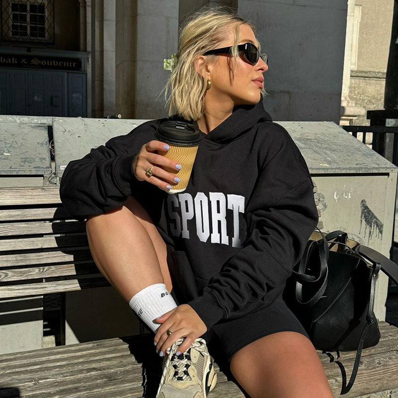 Women's Letter Embroidered Hooded Pullover Sweater
