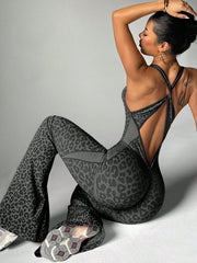 Leopard Print Sports Jumpsuit with Cross Back
