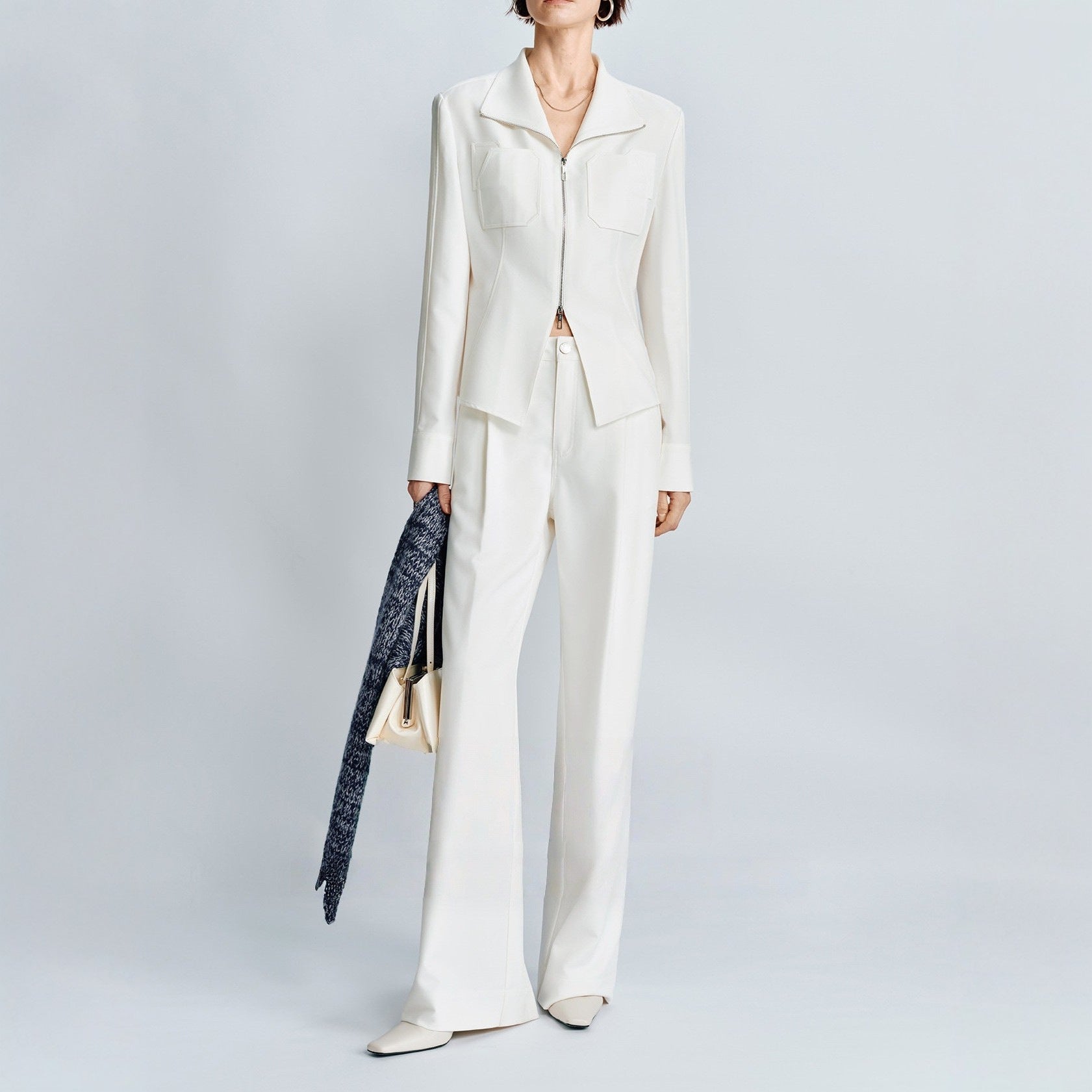 Waist-cinched Shirt And Pants With Double Zippers And Double Pleats