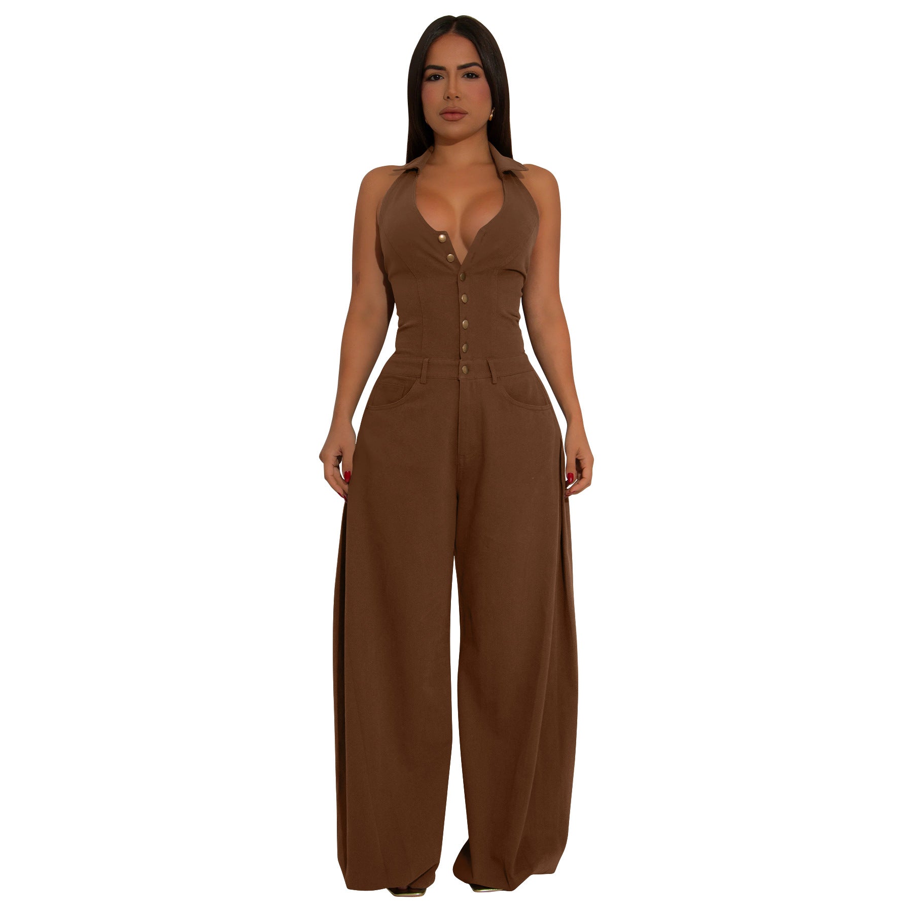 Fashionable Pocketed Sleeveless Backless Casual Jumpsuit