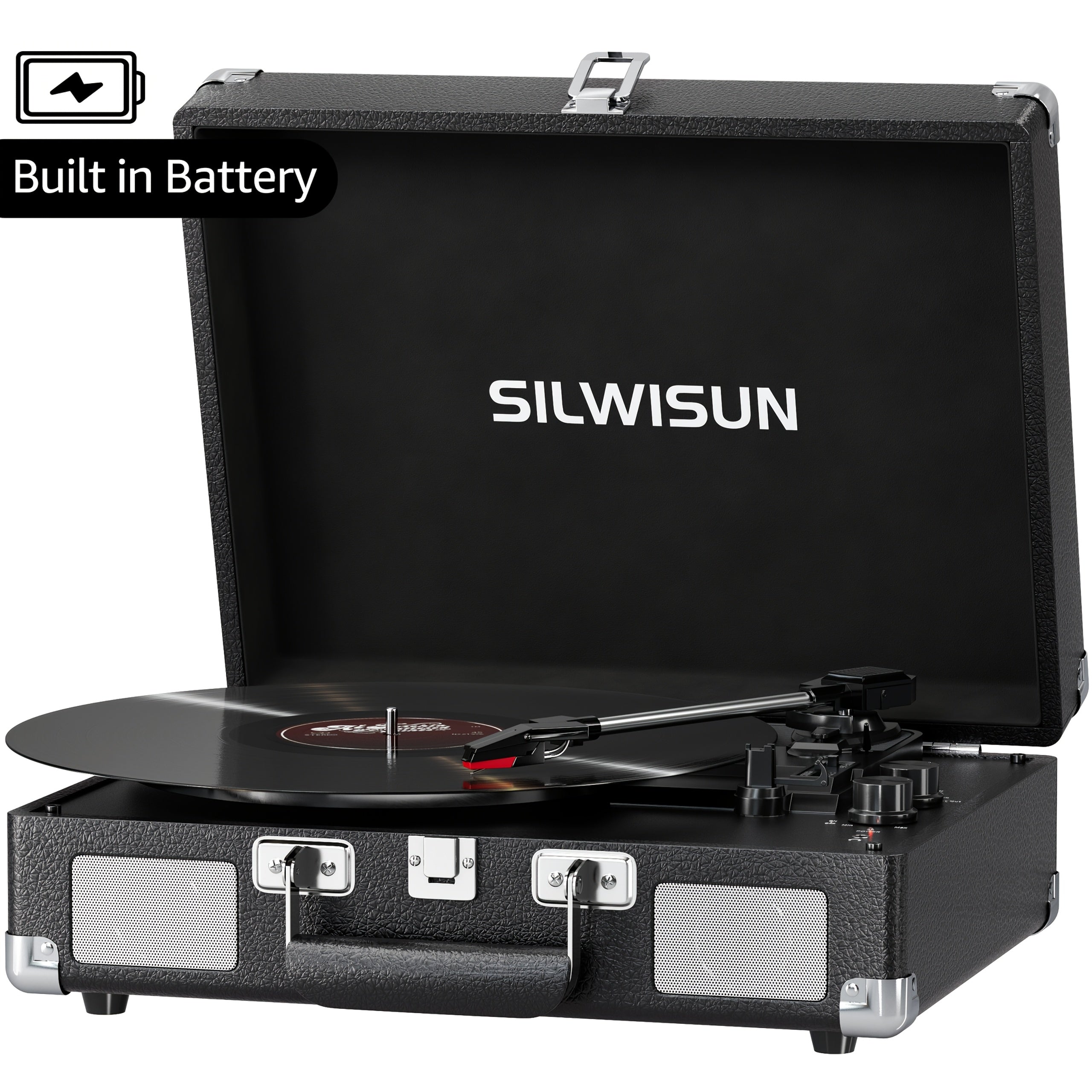 Portable Vinyl Record Player with Built‑In Speakers, Battery Powered, 3‑Speed Turntable, Wireless, Suitcase Design, 3.5 mm Headphone Jack, Aux In & RCA Out – Pink, Green, Brown, Black