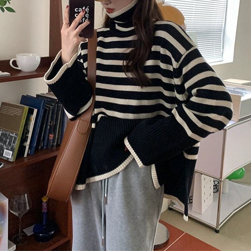 Striped Sweater Loose and Lazy Style Underwear Long Sleeved Top Women's Clothing