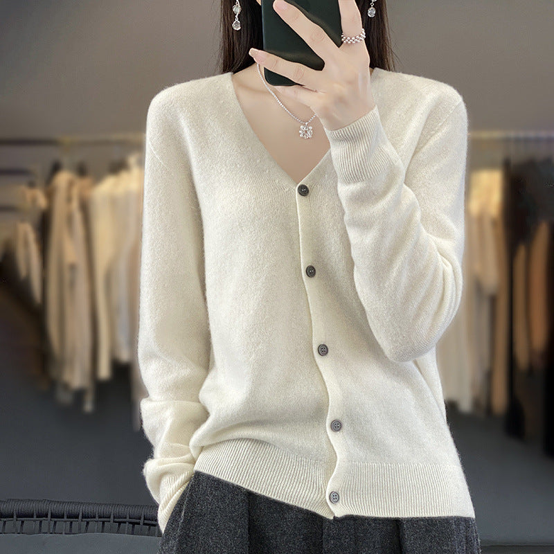Womens Wool Cardigan Long-sleeve V-neck Sweater Coat