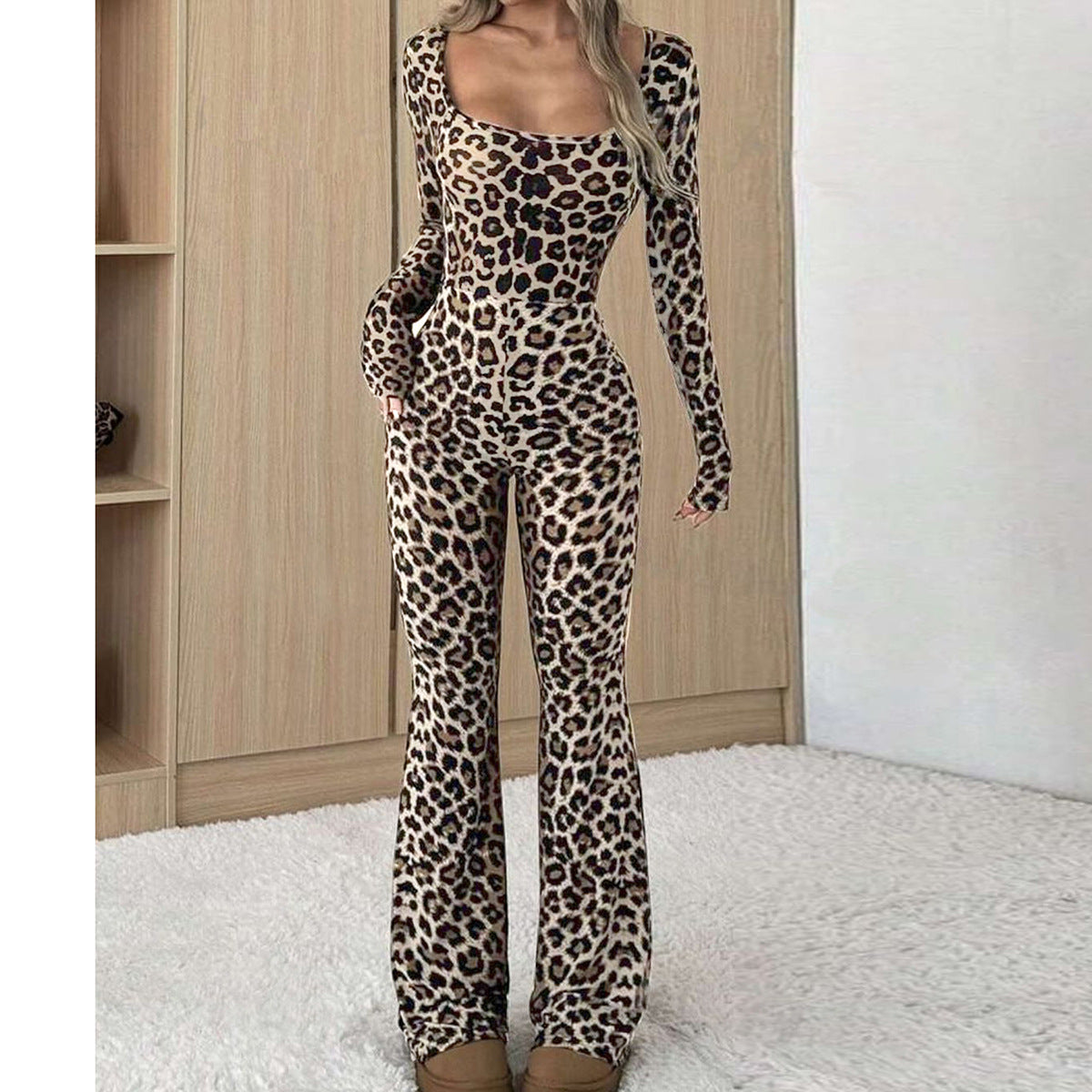 Leopard Print Square Collar Slim-Fit Jumpsuit