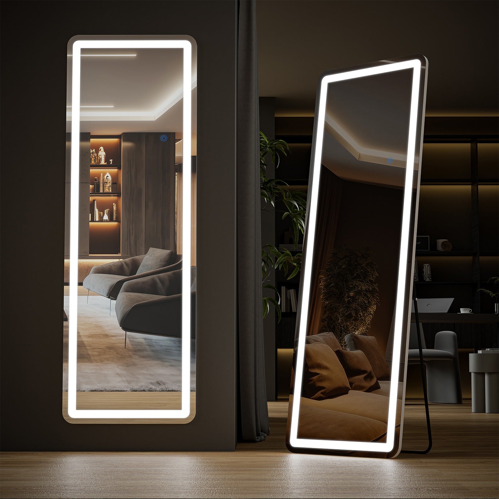 MCQ Arched/Rectangular LED Full Length Mirror, Full Body Floor Mirror Standing Hanging or Leaning Wall, Arch Wall Mirror with Stand Aluminum Alloy Thin Frame for Bedroom, Bathroom, Store