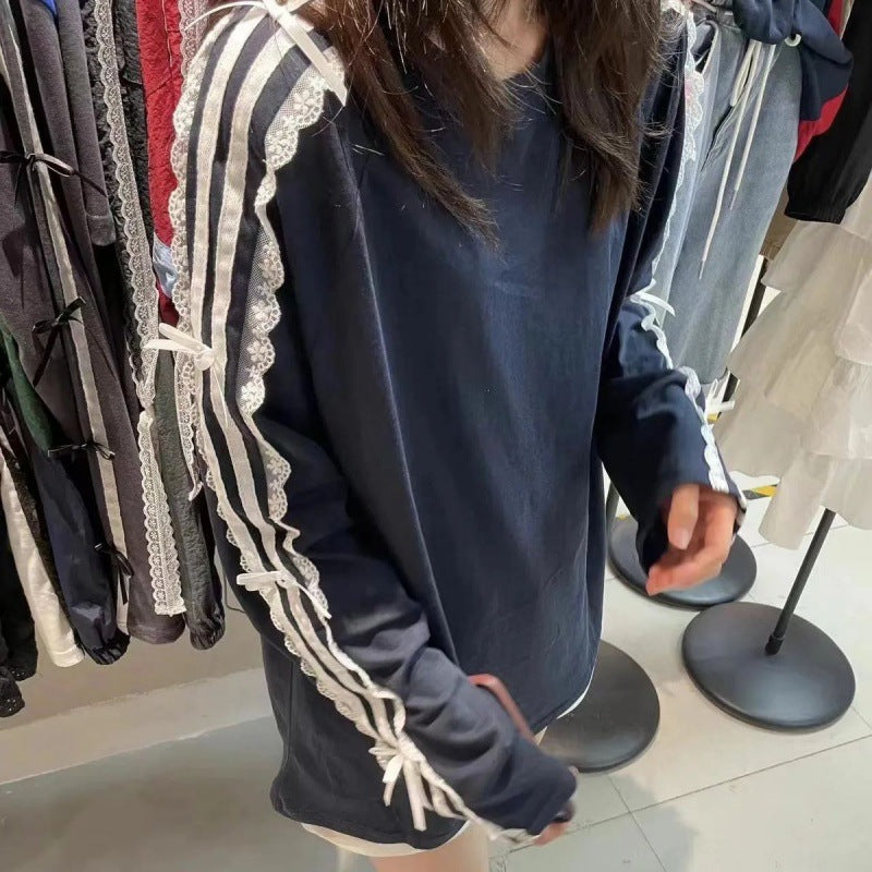Chic Lace-Trim Bow Long Sleeve Top