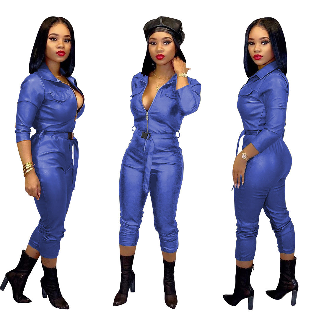 Women's High Elastic Faux Leather Casual Jumpsuit
