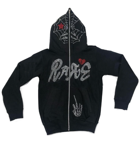 Unisex Printed Rhinestone Zip-Up Hooded Cardigan