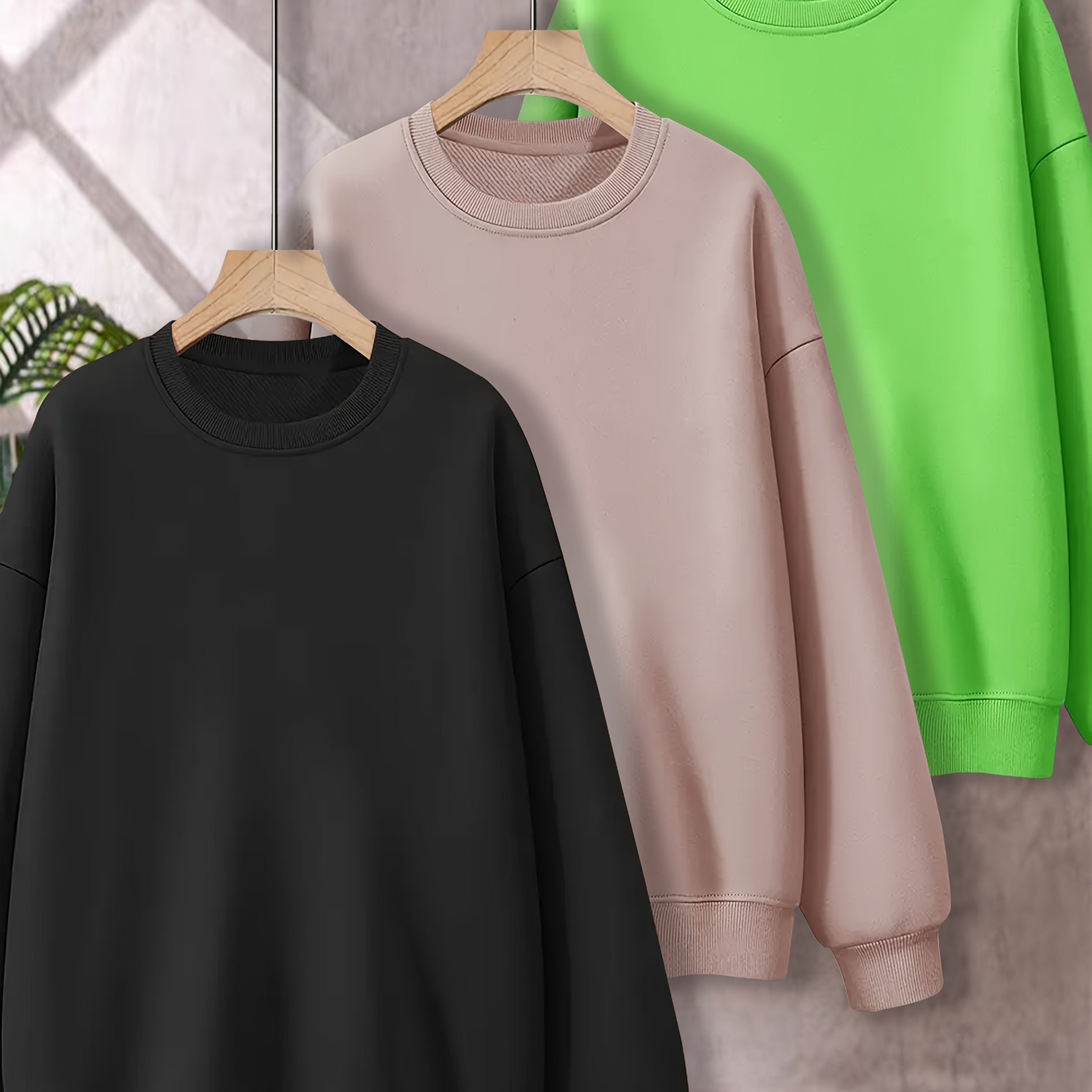 Plus Size 3‑Piece Sweatshirt Set – Women's Casual Crew Neck, Solid Color