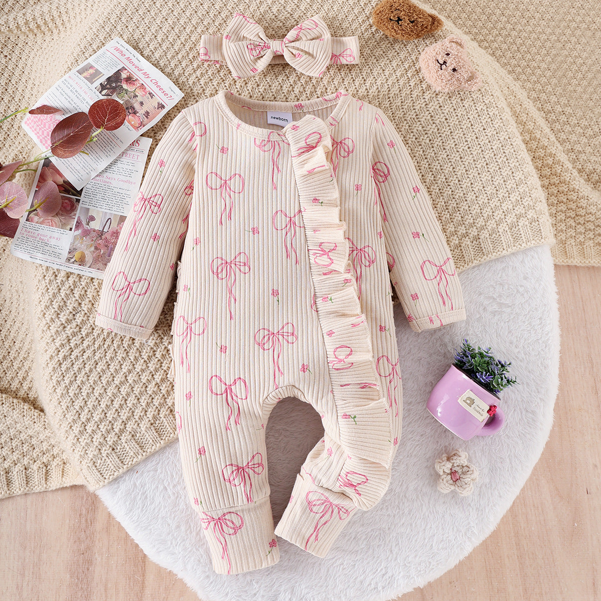 Baby Girl Cute Bowknot Long Sleeve Jumpsuit & Pants Set