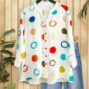 Women's Basic White Colorful Circle Groovy V-Neck Long Sleeve Shirt