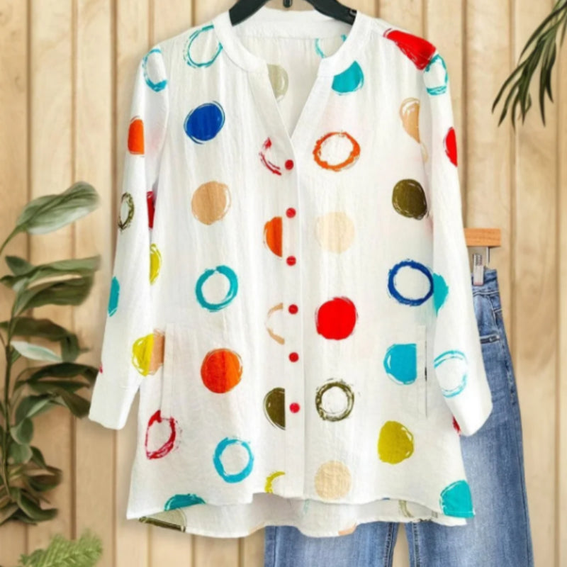 Women's Basic White Colorful Circle Groovy V-Neck Long Sleeve Shirt