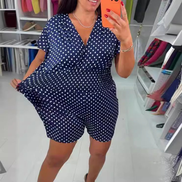 Polka Dot V-neck Short-sleeved One-piece Shorts